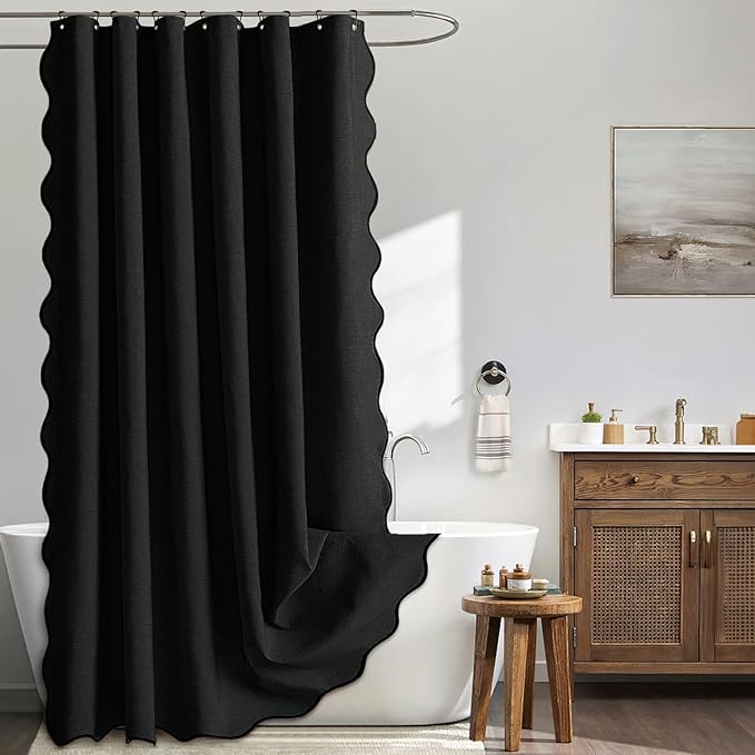 MIULEE 96" Long Scalloped Shower Curtain Linen Textured with 12 Metal Hooks Cute Extra Long Heavy Duty Washable Waterproof Cloth Shower Curtains with Black Border for Bathroom Hotel Bathtub,Black