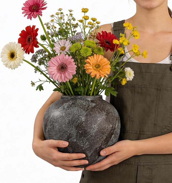 Large Rustic Black Stone Vase Home Decor - 8.8 in Ceramic Vintage Farmhouse Vases for Decor, Decorative Terracotta Round Clay vase for Living Room, Table, Shelf, Kichen Décor