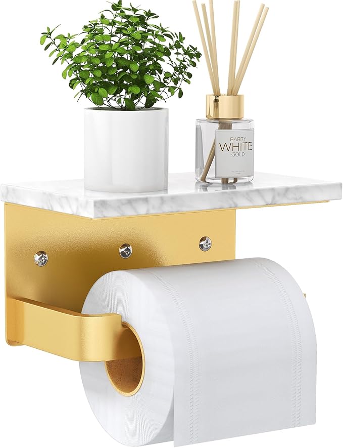 Gypie Toilet Paper Holder with Shelf, Extended Base Wall Mounted, Marble Toilet Roll Holder Black for Bathroom Washroom Gold