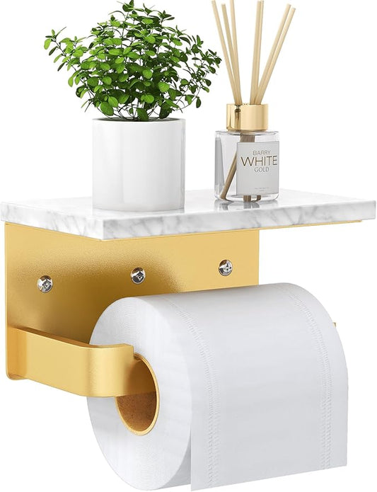 Gypie Toilet Paper Holder with Shelf, Extended Base Wall Mounted, Marble Toilet Roll Holder Black for Bathroom Washroom Gold