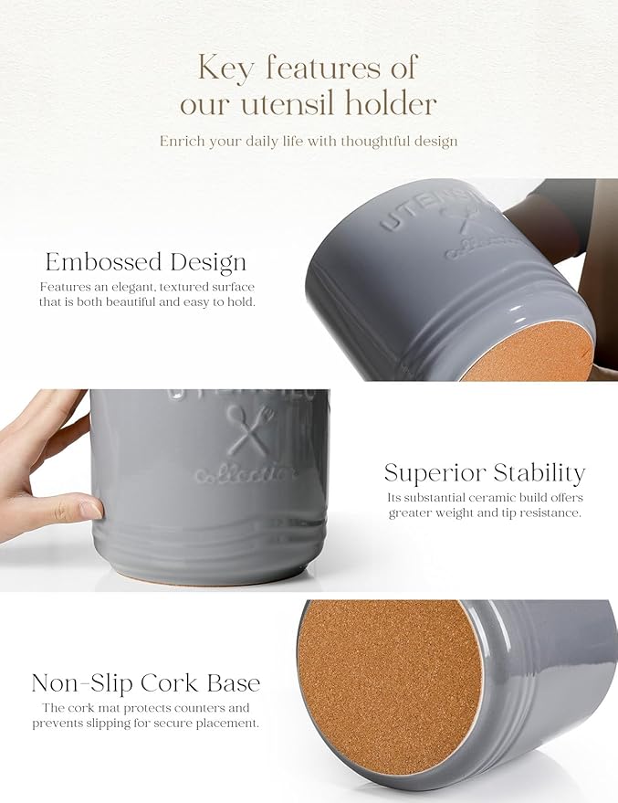 AISBUGUR Large Ceramic Utensil Holder 7.5" H×6.3" W with Slanted Mouth - Utensil Crock with Non-Slip Cork Base for Kitchen Counter, Ideal for Decor & Gift,Grey