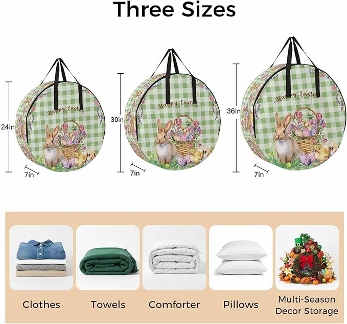 30 Inch Round Storage Bag 1 Pack,Easter Spring Flowers Rabbit and Eggs Waterproof Wreath Storage Container with Handles&Zipper Green and White Buffalo Checker Closet Organizer Bags Garland Box