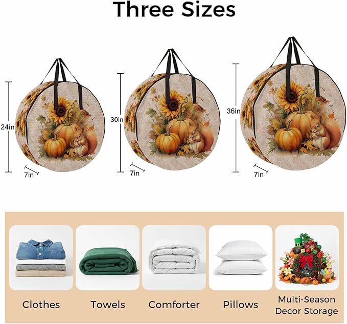 Thanksgiving Sunflowers Round Storage Bag 24 Inch, and Pumpkin with Squirrel Beige Clothes Storage Container with Handles Heavy Duty Organizer for Comforter, Bedding & Holiday Wreaths