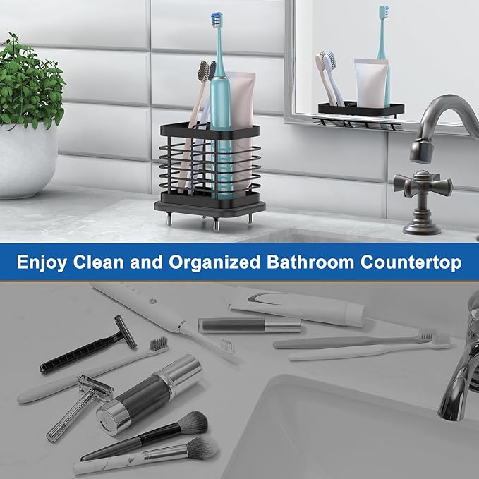 Toothbrush Holders for Bathroom, Adhesive Electric Toothbrush Holder with Fast Dry Tray Wall Mounted Toothbrush Holder Shower Toothpaste Bathroom Organizer Essentials, 2 Slots, Black