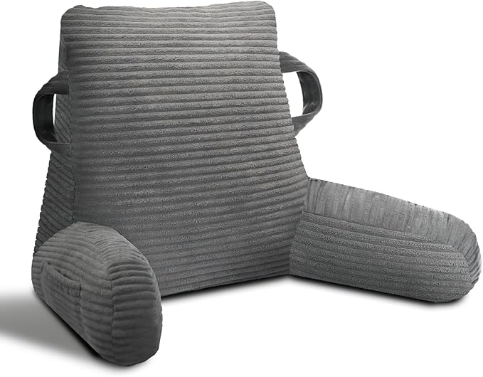 Reading Pillow for Sitting in Bed Adult, Bed Reading Pillow with Shredded Memory Foam, Back Pillow for Sitting with Arms and Pockets, Gery