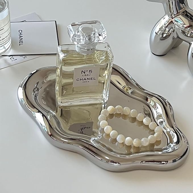 Jewelry Tray for Women, Cloud Shape Ceramic Trinket Dish, Jewelry Organizer Storage Holder for Ring Earring Bracelet Necklace, Make Up Organizer (White) (Silver)
