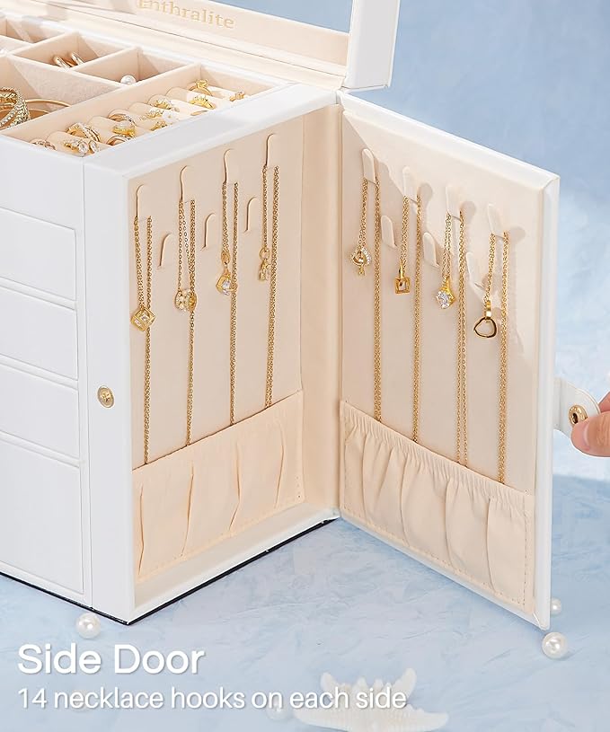 Enthralite Jewelry Box with 4 Drawers: Display Organizer for Earrings Necklaces - Gifts for Girls Women (White)