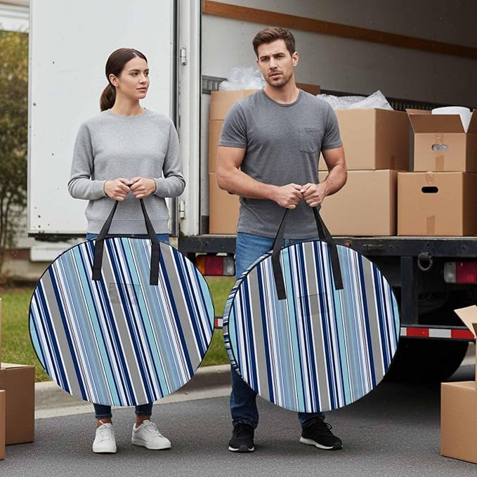 Storage Bag Teal Blue Striped Round Storage Totes Bins Closet Organizers with Zippers & Handle Geometric Navy Stripes Clothes Storage Container for Bedroom Dorm Space Saving Packing Supplies Bags