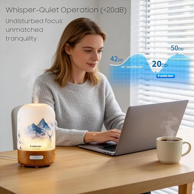 Essential Oil Diffuser, Hand Blown Glass Aromatherapy Diffuser, Ultrasonic Cool Mist Scent Aroma Humidifier, Diffuser Oil Machine Whisper Quiet with Auto Shut-Off for Home Bedroom Office(<25dB)