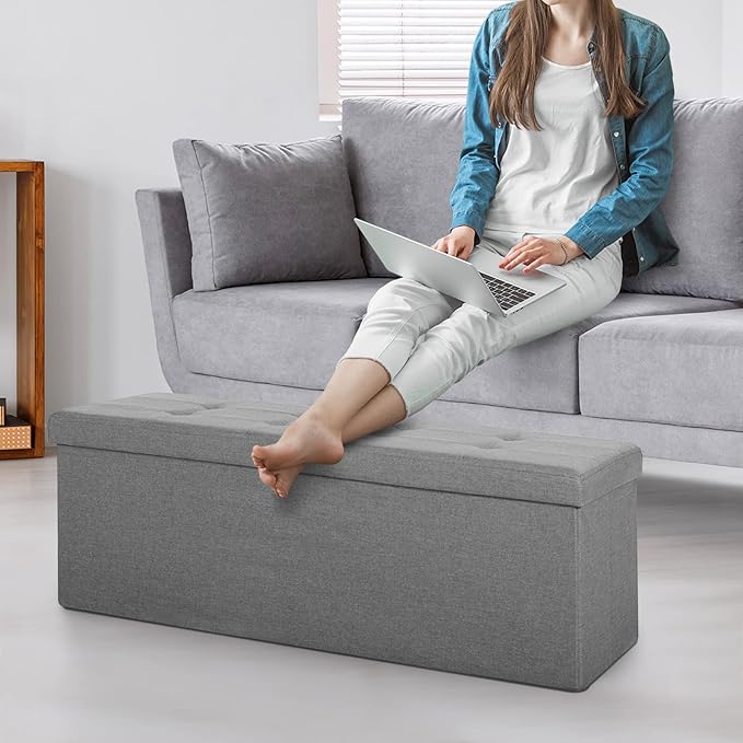 ZenStyle 43Inches Storage Ottoman Bench, Folding Footrest Padded Seat, Storage Chest Long Shoes Bench with Divider, Holds up to 660 lbs, for Living Room, Entryway, Bedroom, Light Gray