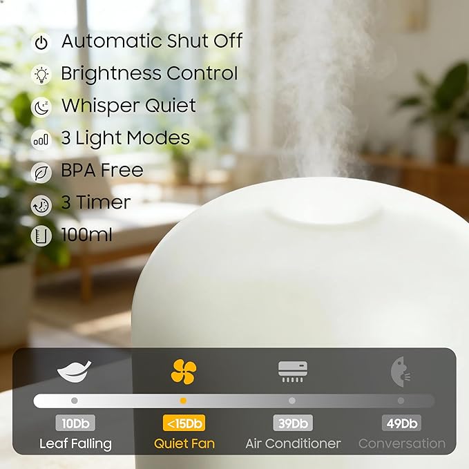 Essential Oil Diffuser for Home, Ultrasonic Cool Mist Air Aromatherapy Humidifier, Mini Scent Air Machine Portable Diffuser with Changing Lights & Auto Shut-Off for Home Bedroom Office Yoga(<25dB)