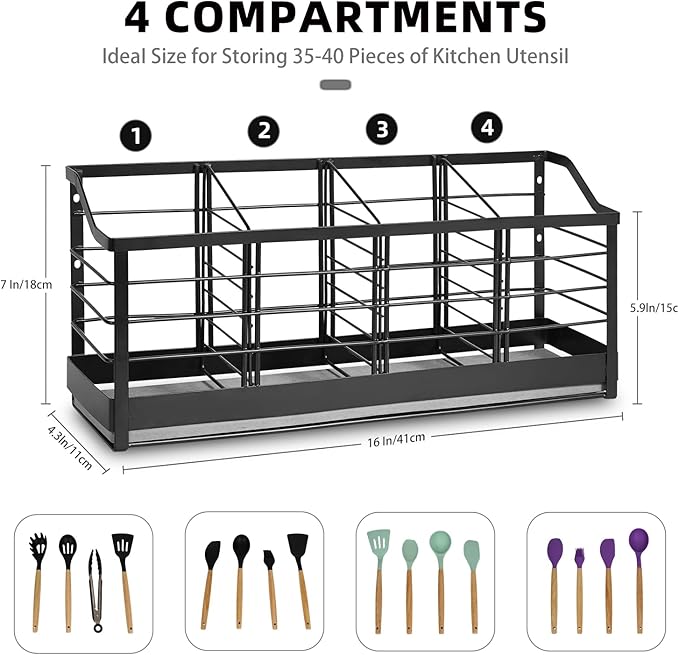 Large Kitchen Utensil Holder with Diatomite Base – Wall-Mountable Utensil Caddy with 4 Compartments – Fast-Drying Matte Black Utensil Organizer for Kitchen Countertop or Wall
