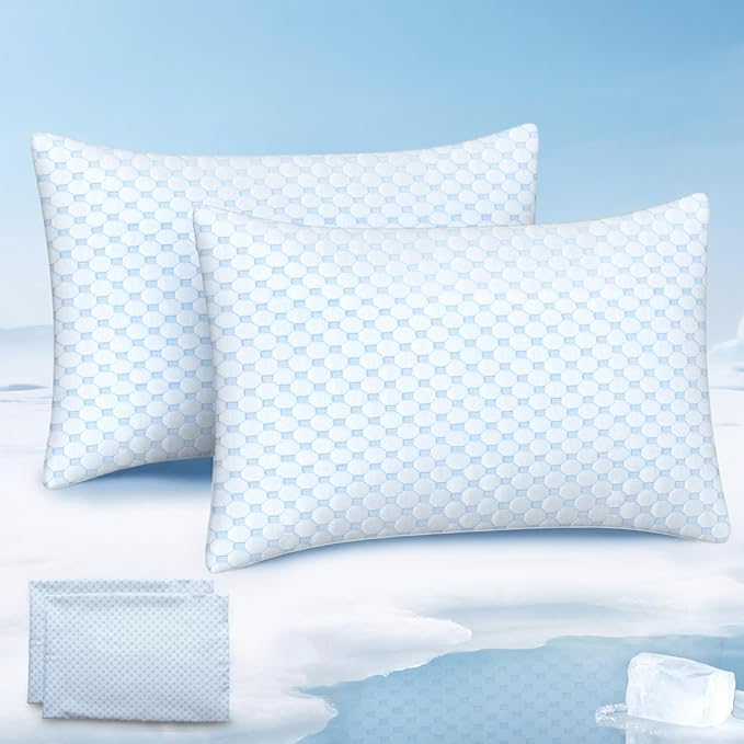 Favocama Cooling Pillow for Sleeping, Shredded Memory Foam Pillows Queen Size Set of 2, Double Sided Cooling Bed Pillows for Hot Sleepers, Side Back and Stomach Sleepers with 4 Covers