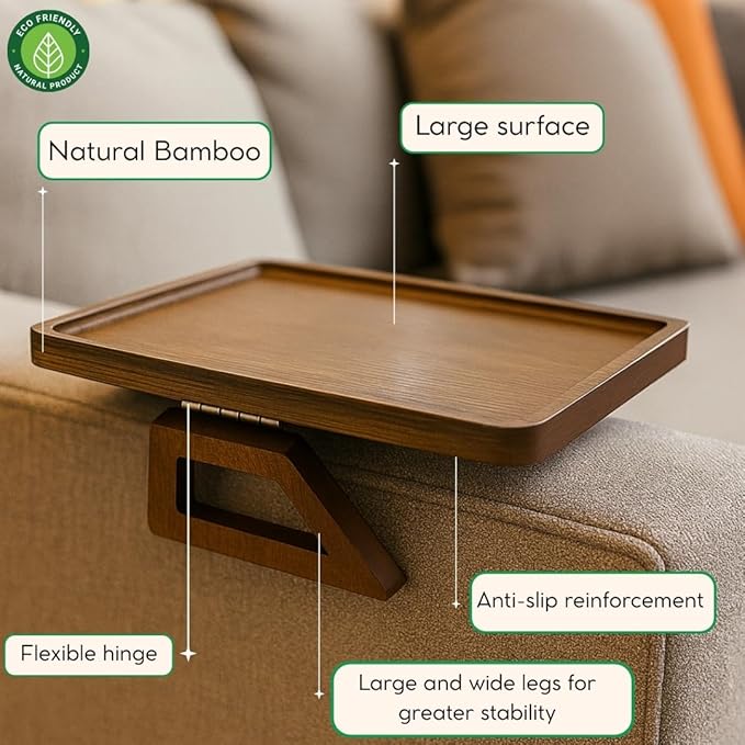 Sofa Table Tray - Bamboo Couch Armrest Table Universal Fit - Sofa Table With Non-Slip Pads to Keep Things in Place -13 x 9.5 Inch – Armrest tray table for couch – (Brown)