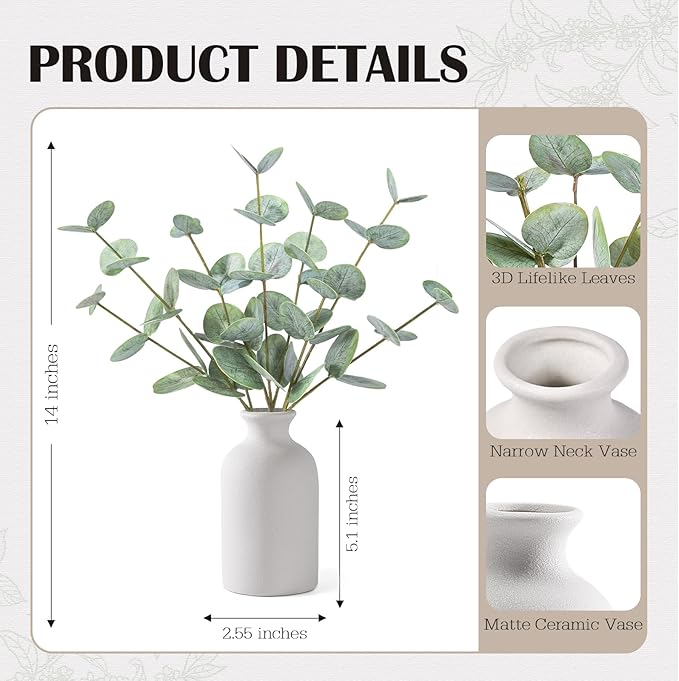 Artificial Eucalyptus Stems in Ceramic Vase, 14'' Fake Plants Greenery Stems for Home Decor Eucalyptus Plant for Bathroom Farmhouse Room Coffee Table Centerpiece Desk Shelf Faux Branches Decorations