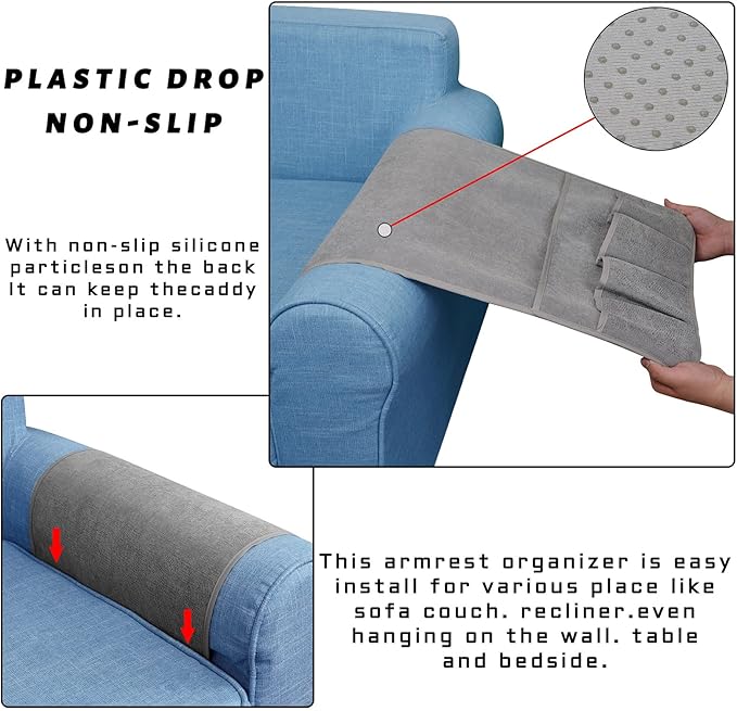 NB Sofa Armrest Organize Remote Holder Bedside Caddy Organizer With 5 Pockets，Non-Slip Couch Remote Control Holder Couch Armchair Caddy Accessories (Gray, 35"X12.4")