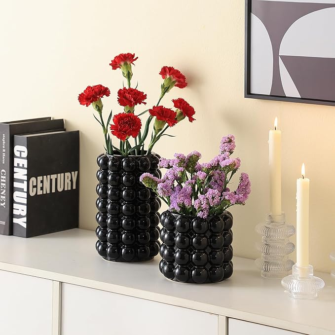Black Bubble Vases, Black Ceramic Vases Set of 2, Boho Flower Vase for Pampas Grass, Decorative Vase for Dining Table, Wedding, Fireplace Mantel, Office, Wedding