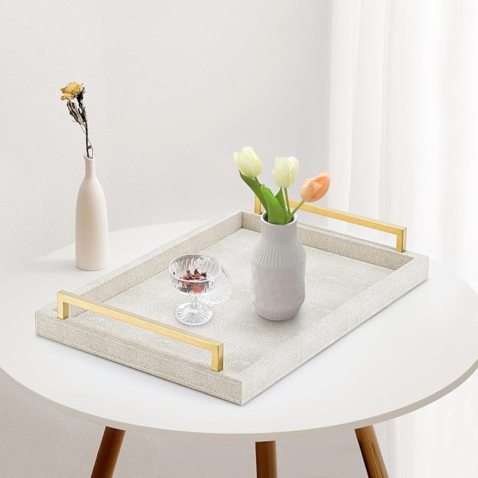 XIGEXIGE Ivory Shagreen Decorative Tray Large Rectangle Coffee Table Tray for Ottoman Faux Leather Serving Tray with Brushed Gold Handles