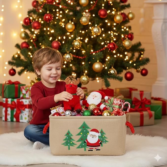 INough Christmas Basket Large Christmas Gift Baskets Empty Fabric Organizer Bin with Handles, Gift Bags Foldable Holiday Toy Gift Holder for Fireplace, Kids Room, Home Decor