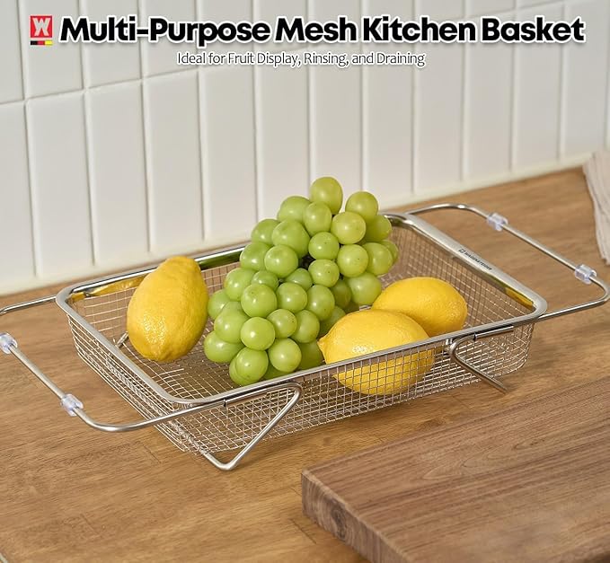 WAGENSTEIGER Extendable Dish Rack with Feet, Vegetable Colander Basket, Stainless Steel Dish or Silverware Drying Rack, Ultimate Kitchen Organizer Over the Sink (11.81 x 8.27 x 2.76 Inches)