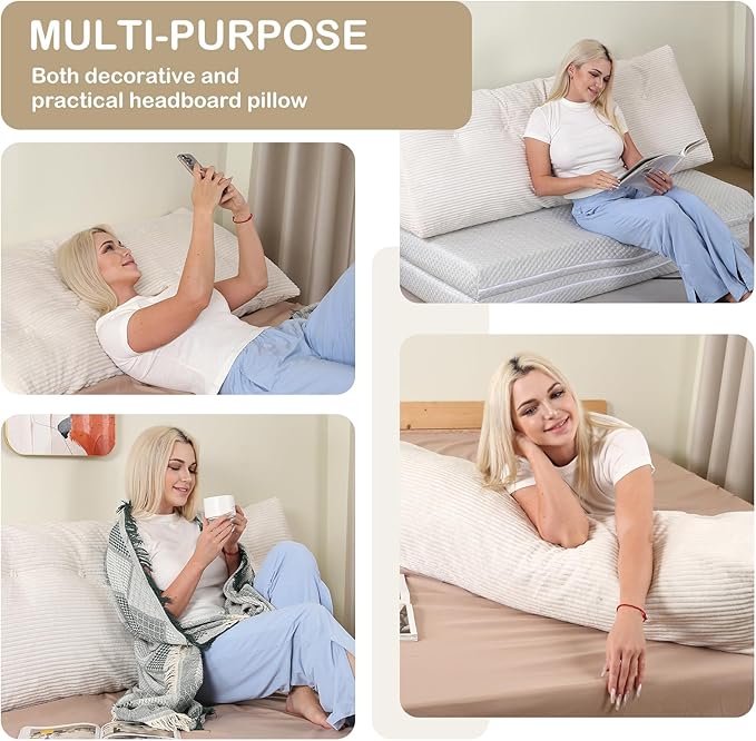 Headboard Pillow Queen, Wedge Headboard Pillow for Bed Sofa, Triangular Backrest Pillow with Removable Cover for Reading, Working, Sitting, Beige