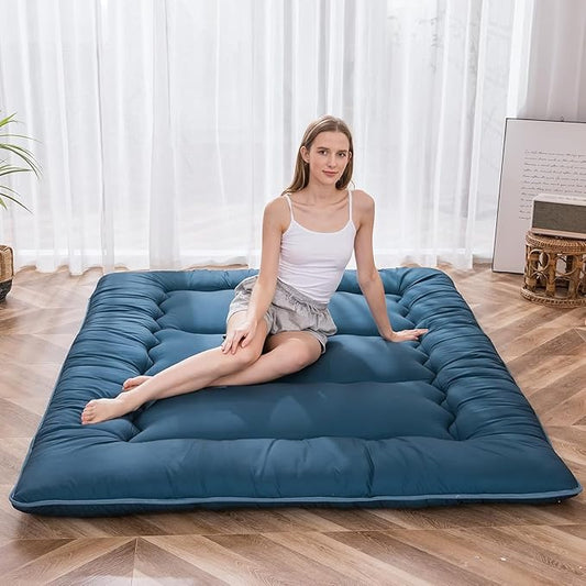 MAXYOYO Japanese Floor Mattress Futon Mattress, Thicken Sleeping Pad Foldable Roll Up Floor Futon for Adults Tatami Mat Dormitory Lounger, Bluestone, Queen Size