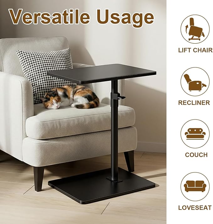 YUHFERA Sofa Armrest Tray Table for Couch - 360 Swivel Height Adjustable C-Shaped End Table for Small Spaces, Snack Side Table for Bed or Chair with Phone & Tablet Slot, Black, Enlarged