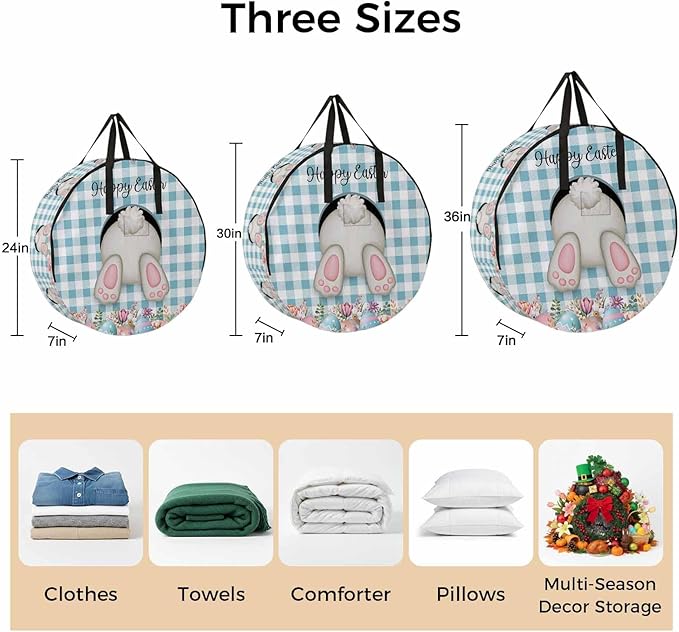 30 Inch Round Storage Bag 2 Pack,Easter Day Bunny Tail Blue Check Waterproof Wreath Storage Container with Handles&Zipper Spring Cute Rabbit White Grid Closet Organizer Bags Garland Box