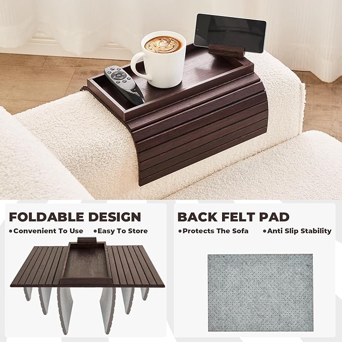 LOVYANXUE Bamboo Sofa Arm Tray, Anti Falling Couch Arm Tray Armrest Table with 360° Rotating Phone Holder, Foldable and Portable Sofa Armrest Trays Cup Holder for Drink,Cups, Phone, Snacks, Remote