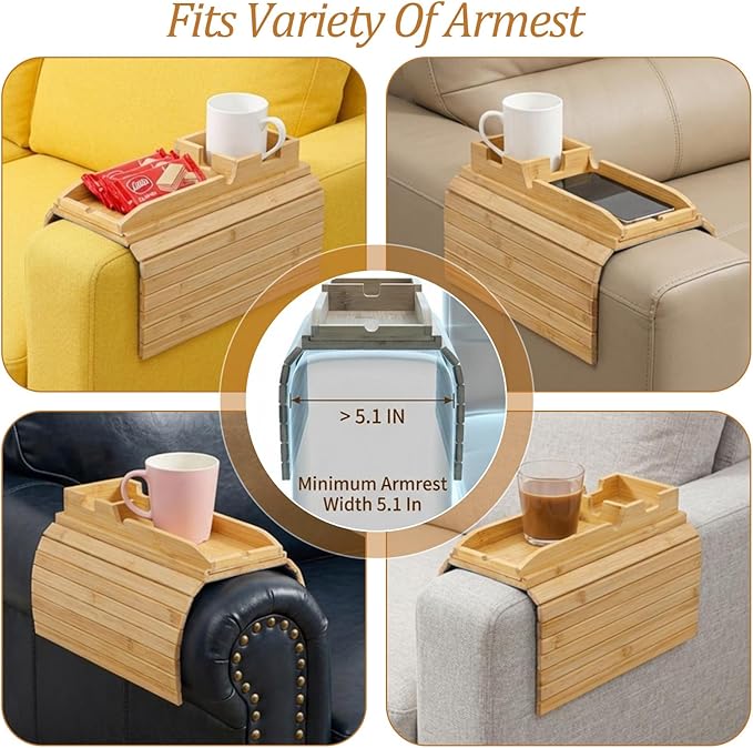 Couch Cup Holder Tray, Bamboo Couch Arm Cup Holder 2 in 1 Anti-Slip Sofa Armchair Caddy Table with Detachable Cups Holders Foldable Sofa Arm Organizer Tray for Drinks Cellphone Snacks Remote