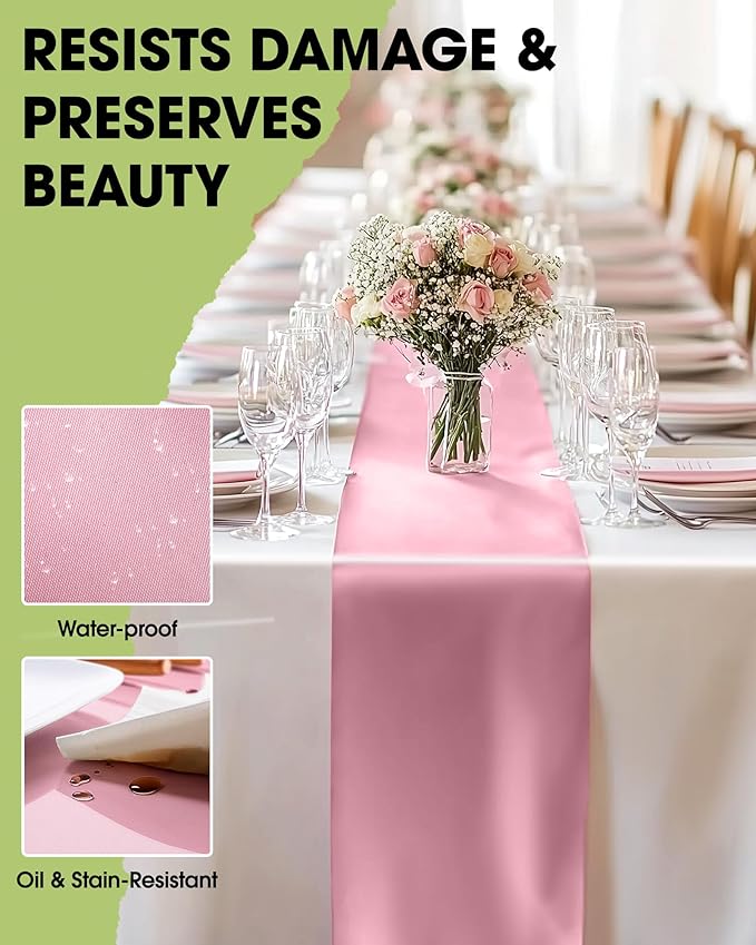 Pureegg Light Pink Plastic Table Runners - 10 Pack, 14'' x 108'', Water Resistant & Disposable Centerpiece Decorations for Table Cloth, Wedding, Birthday, Holiday, Baby Shower, Party, Home Decor