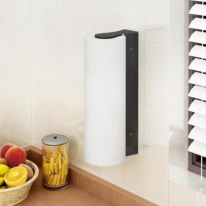 Paper Towel Holder Under Cabinet, Stainless Steel, Wall Mount, Black Adhesive Paper Roll Holder for Kitchen and Bathroom