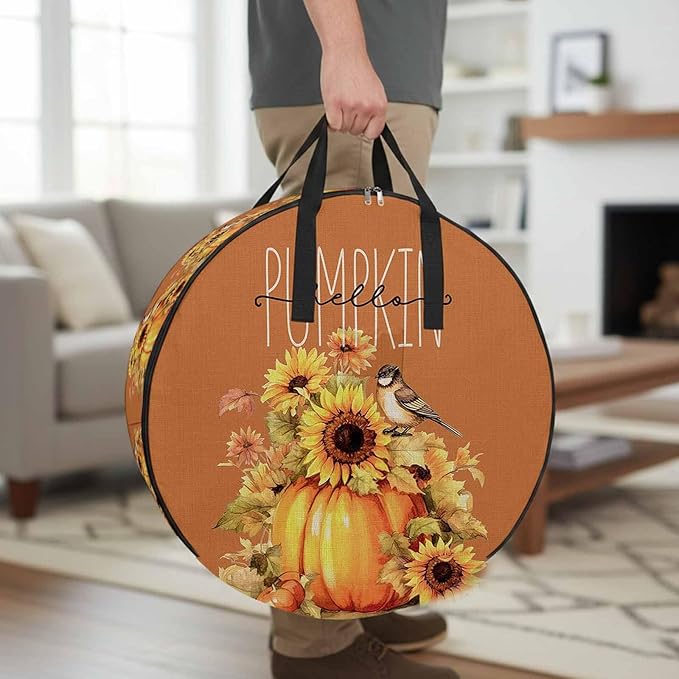 Hello Pumpkin Round Storage Bag 24 Inch, Thanksgiving Retro Sunflowers Clothes Storage Container with Handles Heavy Duty Organizer for Comforter, Bedding & Holiday Wreaths