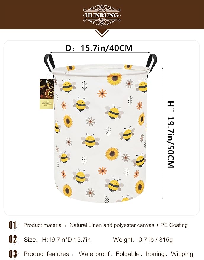 HUNRUNG Collapsible Fabric Storage Basket, Waterproof Laundry Hamper with Handles, Round Storage Bin for Clothes Toys, Foldable Organizer for Bedroom Nursery Bathroom(Round-Bee)
