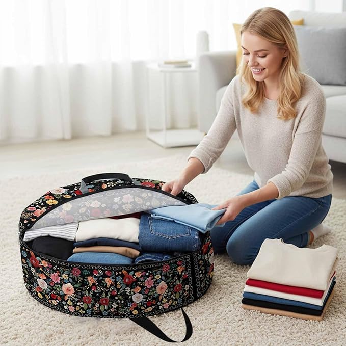 Storage Bag Black Floral Round Storage Totes Bins Closet Organizers with Zippers & Handle Farmhouse Vintage Flower Clothes Storage Container for Bedroom Dorm Space Saving Packing Supplies Moving Bags