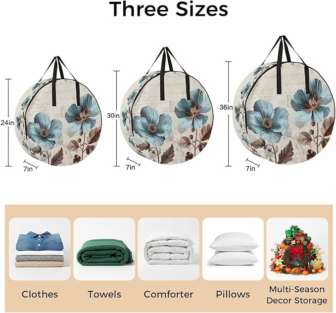 Victorian Style Round Storage Bag 36 Inch, Blue Retro Poppy Flower Plant Clothes Storage Container with Handles Heavy Duty Organizer for Comforter, Bedding & Holiday Wreaths