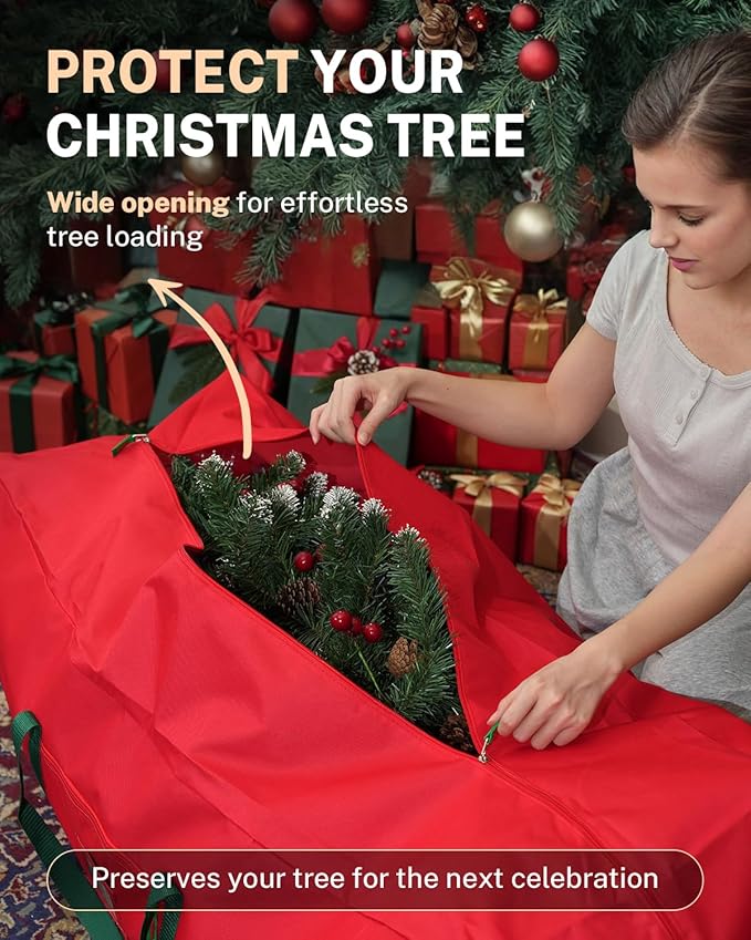 Christmas Tree Storage Bag, MaidMAX Christmas Tree Bag Fits Up to 7.5 ft Tall, Heavy-Duty 600D Oxford Fabric Christmas Tree Storage Box with Handles, Wide Opening Tree Storage Container (Red)