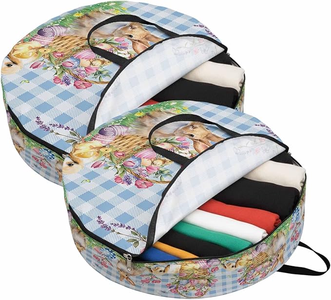 36 Inch Round Storage Bag 2 Pack,Happy Easter Eggs Rabbit Chick Waterproof Wreath Storage Container with Handles&Zipper Spring Flowers Blue Checkered Closet Organizer Bags Garland Box
