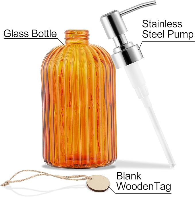 MOCLIF 16 OZ Soap Dispenser，Tempered Glass Clear Vertical Stripe with 304 Rust Proof Stainless Steel Pump Refillable Liquid Hand Soap Dispenser，for Bathroom, Kitchen, Dish Soap，Lotion (Orange)