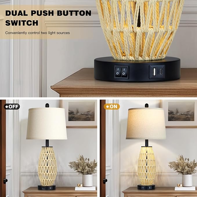 CINSARY 27“ Beige Boho Rattan Table Lamps with Night Light, Natural Bedroom Lamps Set of 2 with USB A+C Charging Ports, Rustic Farmhouse Woven Wicker Bedside Nightstand Lamp for Living Room End Tab