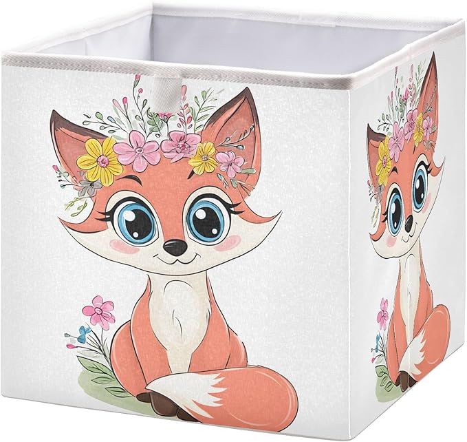 Foldable Storage Cube Fox Flowers Wreath Organizer Basket for Home Shelf