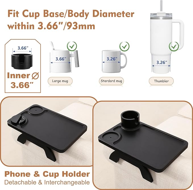 Black Couch Arm Table, Solid Bamboo Sofa Armrest Tray with 360 Rotating Cup Holder & Phone Stand, Large Clip-on Side Table for Drinks & Remote, Fits Round & Square Arms, 15.36x9.85