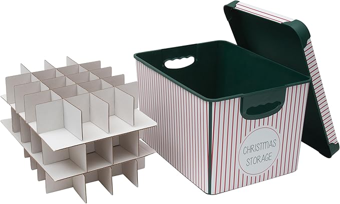 Simplify Christmas Stripe Design Holiday Tote Bin Ornament Storage | Holds 60 Ornaments | Removeable Lid | Easy Carry Handles | Christmas Storage | Green