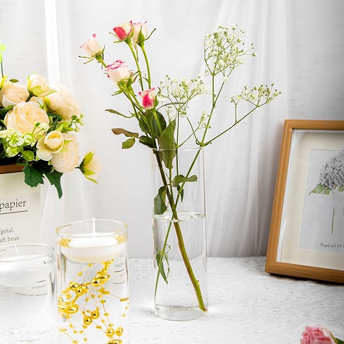 UDU 3 Set Glass Cylinder Vases for Centerpieces with 20000 Vase Filler 6 White Floating Candles 2 Pearl String for Wedding Party Home Table Decoration