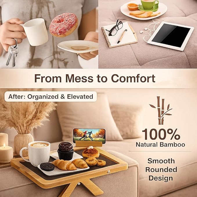 Couch Arm Tray Table with Adjustable Legs – Bamboo Sofa Arm Tray with Removable Phone Holder & Non-Slip Mat – Couch Armrest Table for Drinks, Snacks & Remote – Fits Sofa Arms up to 8.8"