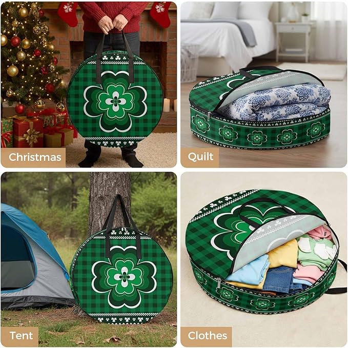 St Patricks Round Storage Bag 30 Inch, Day Vintage Shamrock Texture Green Plaid Clothes Storage Container with Handles Heavy Duty Organizer for Comforter, Bedding & Holiday Wreaths