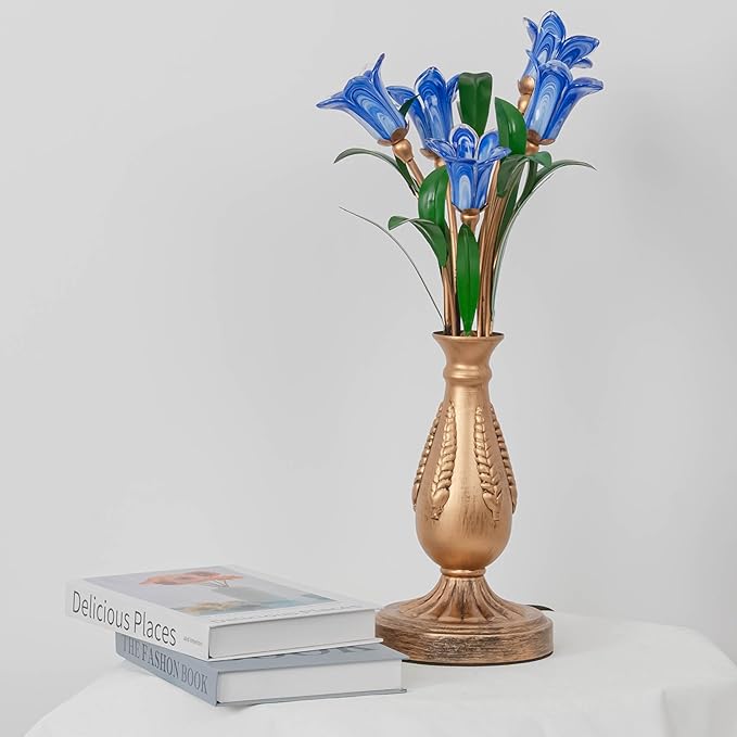 Skyblaze Classic Style Table Lamp with Flower Glass Shade, Elegant Flower Night Light, Art Deco Accent Table Lamp for Bedroom Living Room (Blue, 5 Lights)