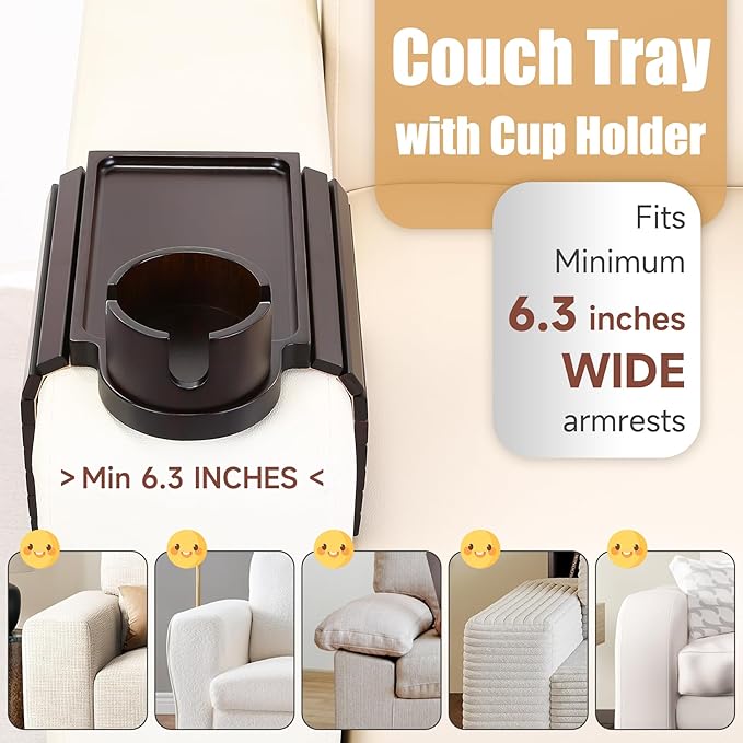 SINWANT Couch Cup Holder Tray, 2 in 1 Bamboo Couch Armrest Table Clip on Sofa Armrest Table,Foldable Anti Silp Arm Rest Side Tray for Drink Coffee Mug, Snacks, Remote