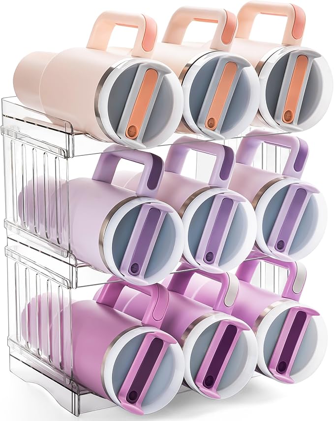 Gracenal Water Bottle Organizer Holder for Stanley Cup Accessories, Fridge Kitchen Cabinet Organizer and Storage for Meoky 40 oz Tumbler with Handle, Stackable Plastic Travel Mug Cup Rack Gifts, 3Pack