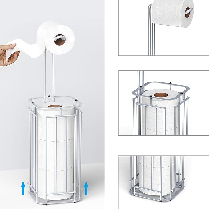 Meangood Toilet Paper Holder Stand, Square Tissue Paper Roll Dispenser for 4 Mega Rolls, Bathroom Free Standing Tissue Roll Storage Holder Rack (Silver)
